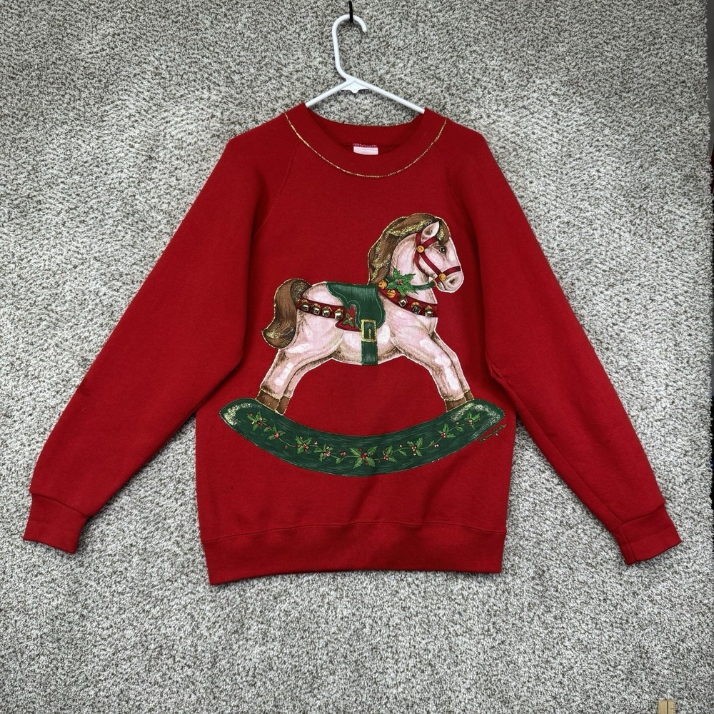 Vintage Christmas Sweater Women's Size Large Red Rockinghorse Santee Sweats USA
